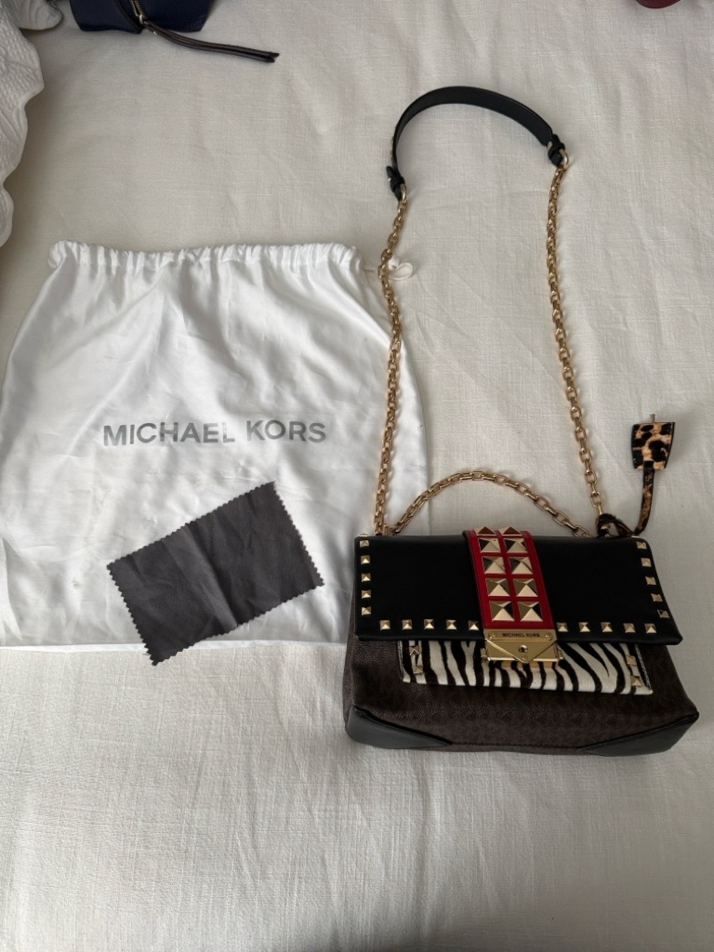 Michael Kors Medium Black Red Gold Zebra Print Chain Crossbody Bag
